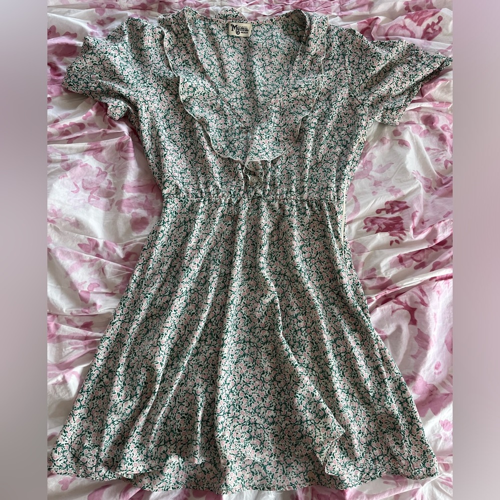 Show Me Your MuMu Pink and Green Floral V Neck Dress